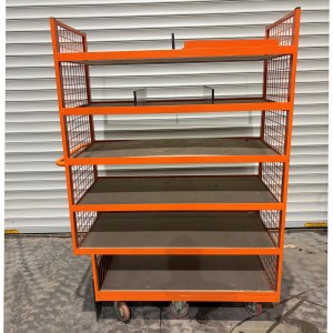 2 x Used Heavy Duty 6 Wheel Stock Shelf Trollies Orange